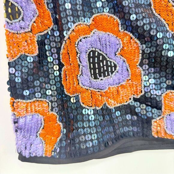 H&M Navy Blue Orange Purple Sequin Embellished Floral Mini Party Holiday Skirt - Picture 7 of 16